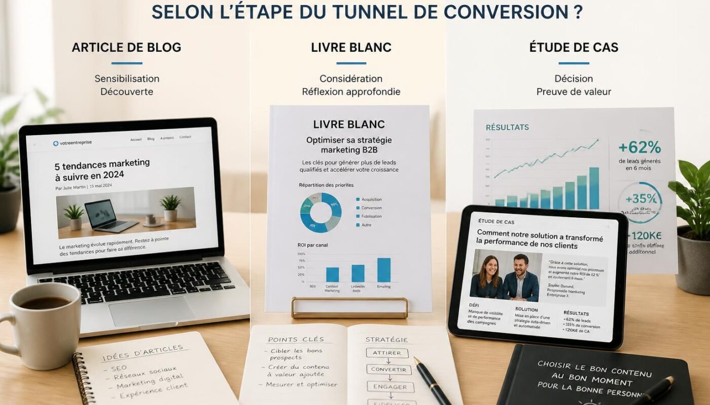 découvrez comment choisir entre articles de blog, livres blancs et études de cas en fonction des étapes de votre tunnel de conversion pour maximiser l'impact de votre contenu marketing.