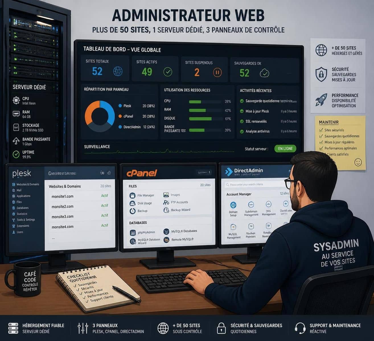 découvrez lequel des panneaux de contrôle plesk, cpanel ou directadmin est le mieux adapté pour gérer efficacement plus de 50 sites web.
